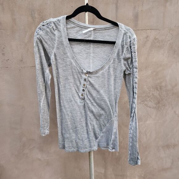 Free people gray embroidered henley - Picture 1 of 9